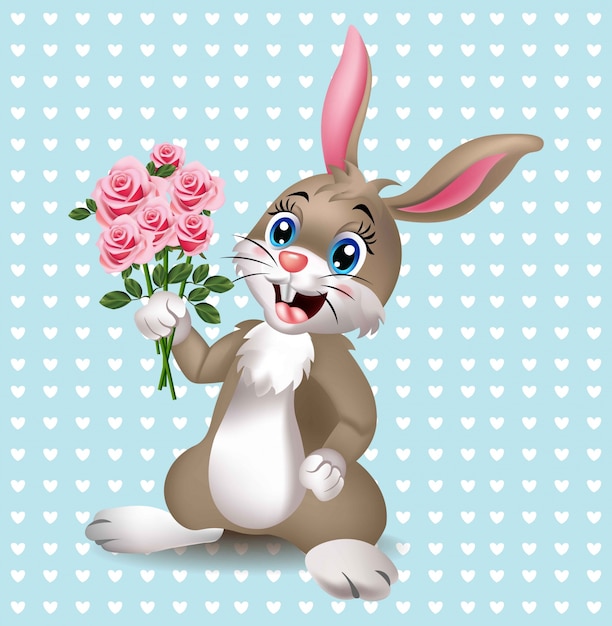 Cute rabbit holding tulips flowers vector. happy bunny with a bouquets