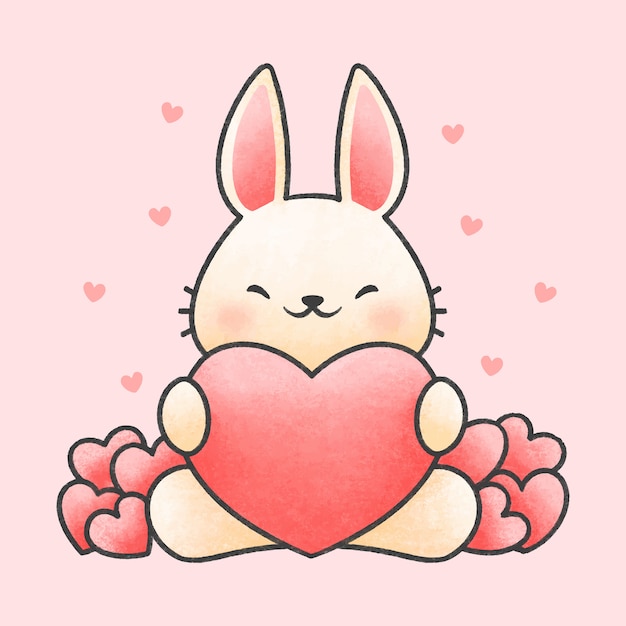 Vector cute rabbit hugging heart cartoon hand drawn style