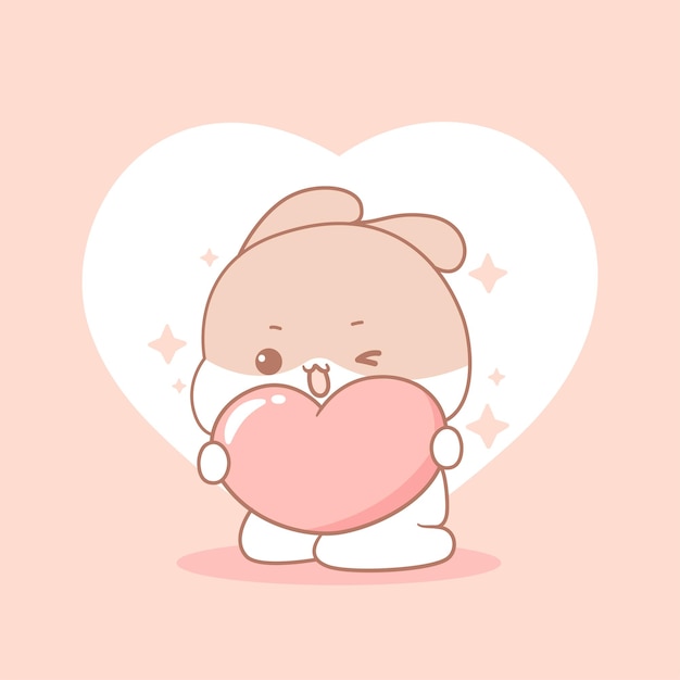 Cute rabbit hugging love heart happy valentine's day cartoon character illustration