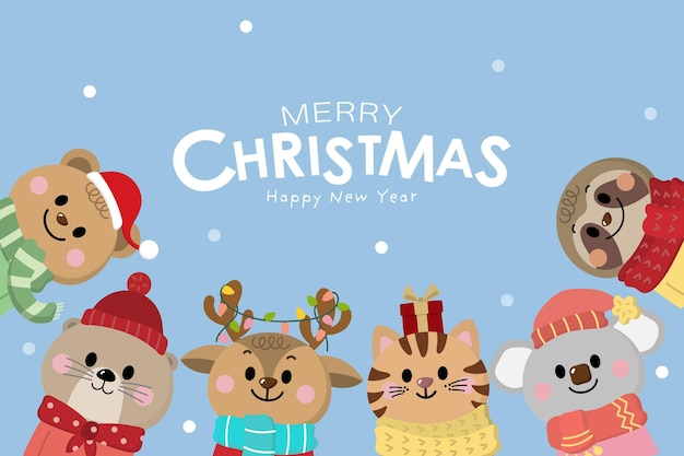 Cute rabbit, koala, bear, deer, otter and sloth in winter costume