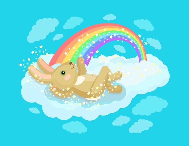 A cute rabbit lies on a cloud near the rainbow and plays with a star. Children vector illustration.