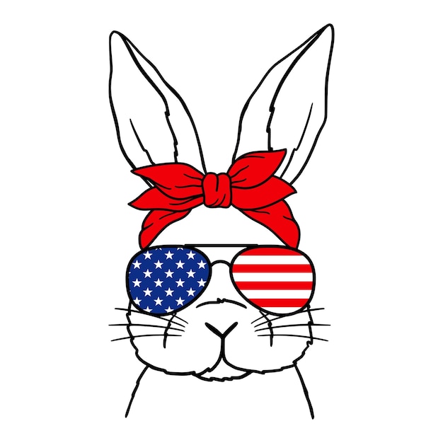 Cute rabbit line art bunny met vliegeniersbril en bandana usa flag print 4 juli