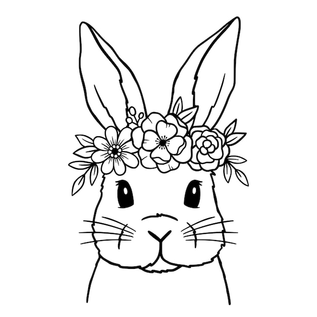 Cute rabbit line art bunny con corona di fiori easter bunny bunny schizzo illustrazione vettoriale