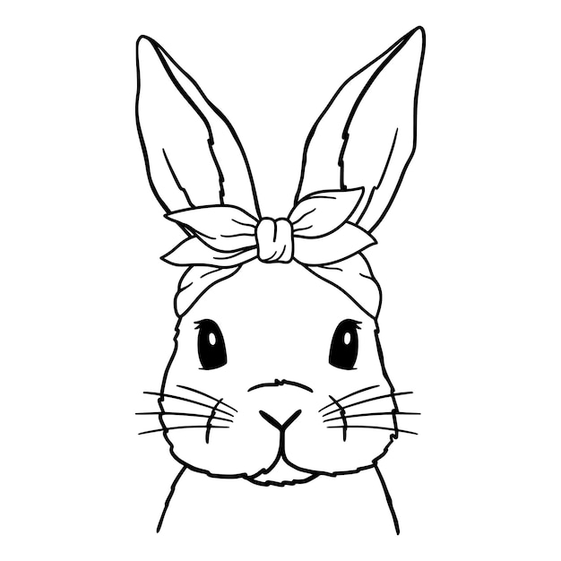 Vector cute rabbit line art bunny with pink bandana easter bunny bunny sketch vector illustration