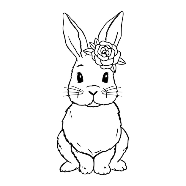 Cute Rabbit Line Art. Bunny with rose. Bunny sketch vector illustration. Coloring pages for children