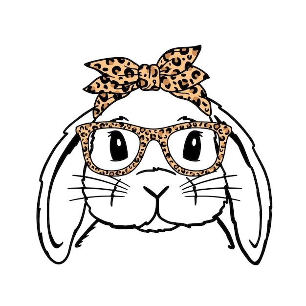 벡터 귀여운 토끼 라인 아트 lop bunny with leopard bandana and glasses 부활절 토끼 토끼 스케치 벡터