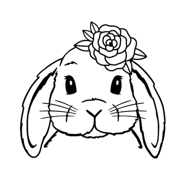 Cute rabbit line art lop bunny with rose easter bunny bunny sketch vector illustration