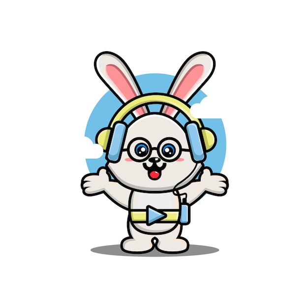 Vector cute rabbit listening music with headphone cartoon vector illustration