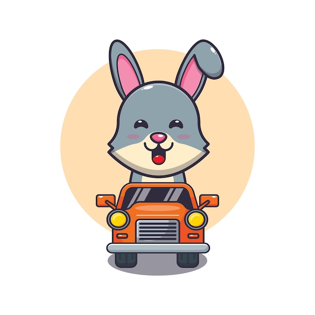 자동차에 귀여운 토끼 마스코트 만화 캐릭터를 타고