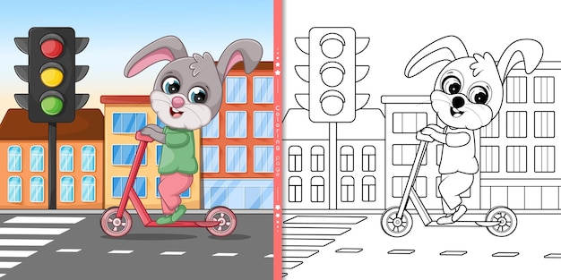 スクーターに乗ったかわいいウサギが街中を走り回る