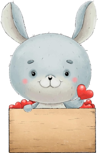 Cute rabbit peeps out of the box with hearts