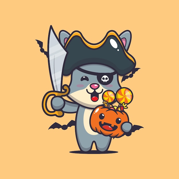 Vector cute rabbit pirates with sword carrying halloween pumpkin cute halloween cartoon illustration
