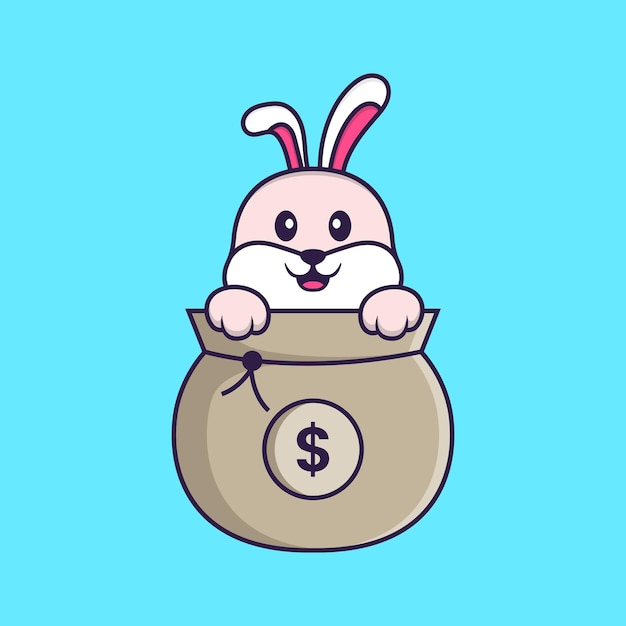 Cute rabbit playing in money bag Animal cartoon concept isolated