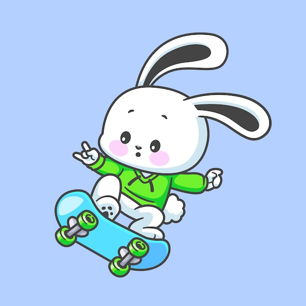 Симпатичный кролик, играющий на скейтборде, мультяшный спортивный вектор