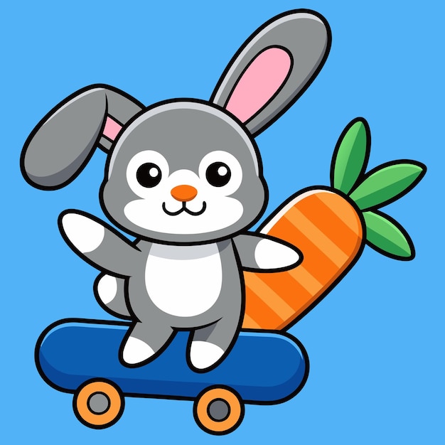 Vector cute rabbit playing skateboard with carrot cartoon vector icon illustration animal sport icon concept isolated premium vector flat cartoon style