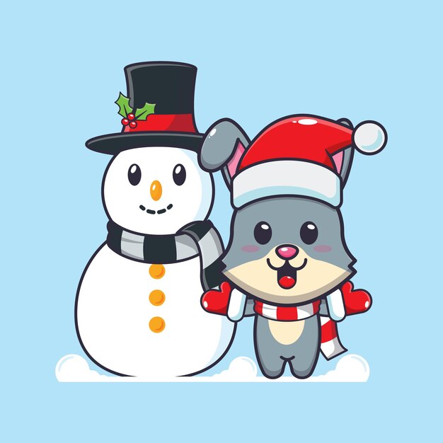 Милый кролик играет со снеговиком. Милая иллюстрация рождественского мультфильма.