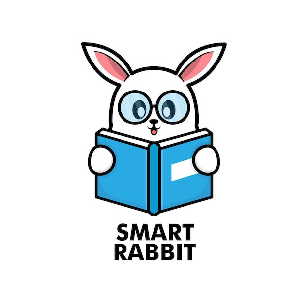 Cute rabbit reading book cartoon icon logo illustration