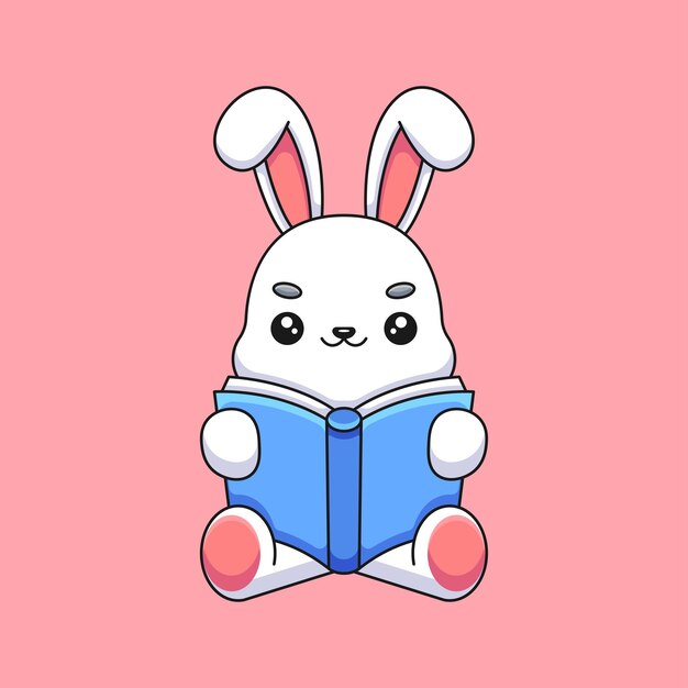 Cute rabbit reading book cartoon mascot doodle art hand drawn concept vector kawaii icon illustration