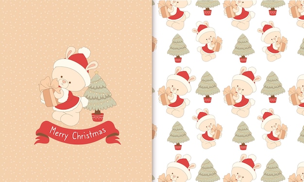 かわいいウサギ サンタ クロースとギフト プレゼント落書きシームレス パターン クリスマス カードと壁紙