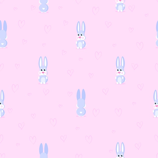 Cute rabbit. seamless vector pattern on pink background with hearts. vector illustration