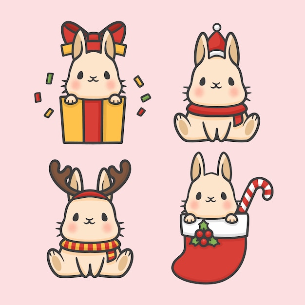 Vector cute rabbit set costume christmas hand drawn cartoon vector