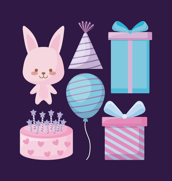 Cute rabbit and set icons party