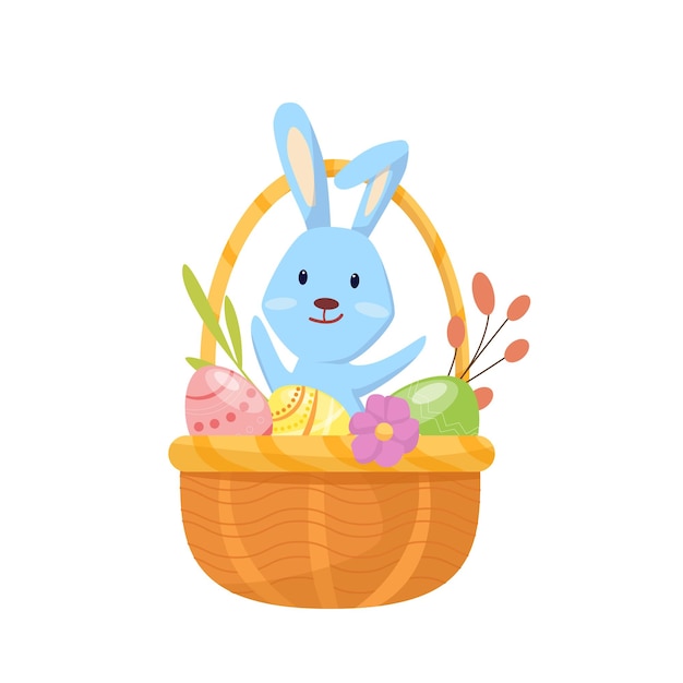 A cute rabbit sits in a basket with eggs and flowers the concept of the spring holiday easter vector