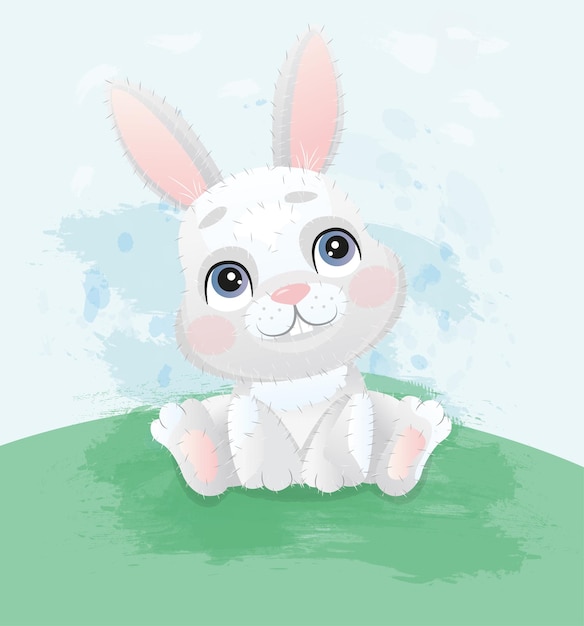 A cute rabbit sits on the grass with wide open eyes Vector graphics with watercolor effect