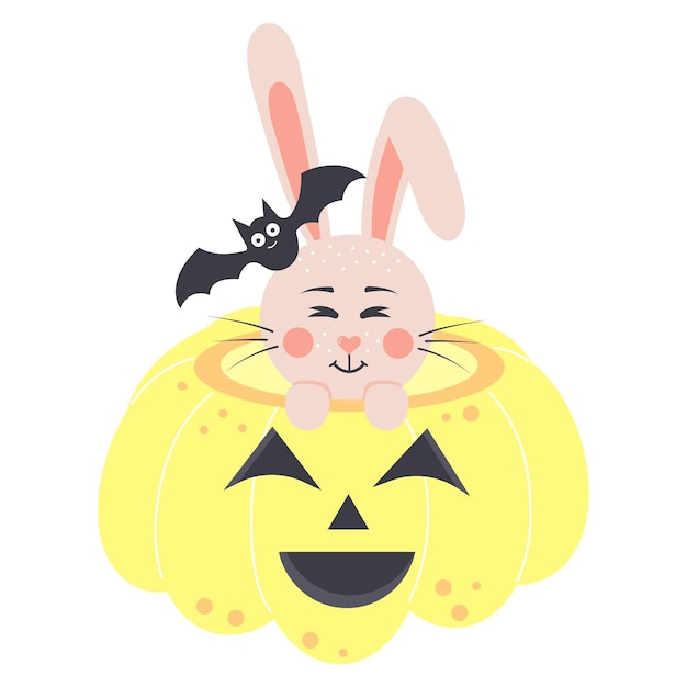 Милый кролик сидит в страшной тыкве с летучей мышью на голове Хэллоуинский кролик и жуткая тыква Мультяшный лесной персонаж