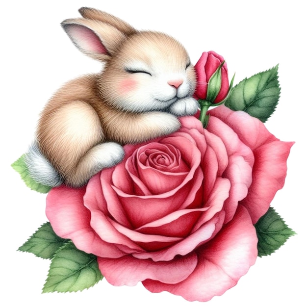 Coniglio carino che dorme su un fiore acquerelli clipart