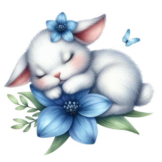 Милый кролик спит на цветочном клипарте акварели