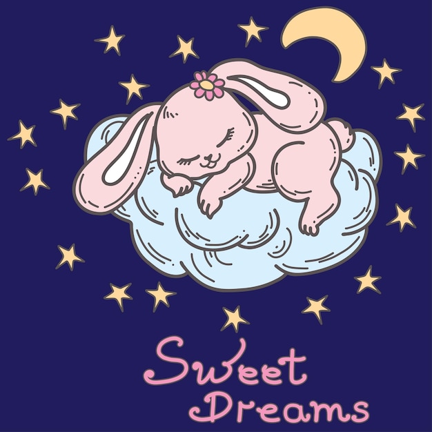 귀여운 토끼는 수면 낙서를 주제로 그린 구름 손에서 잔다