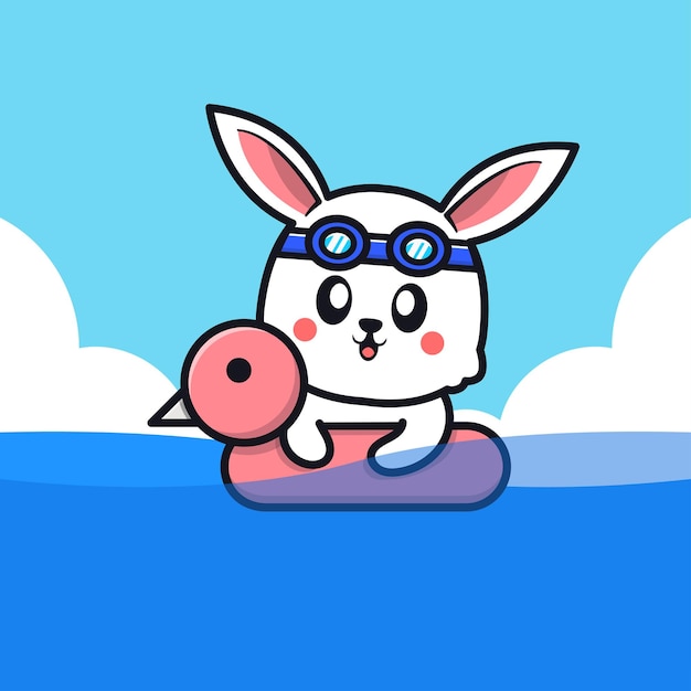 Cute rabbit swimming with swim ring cartoon illustration