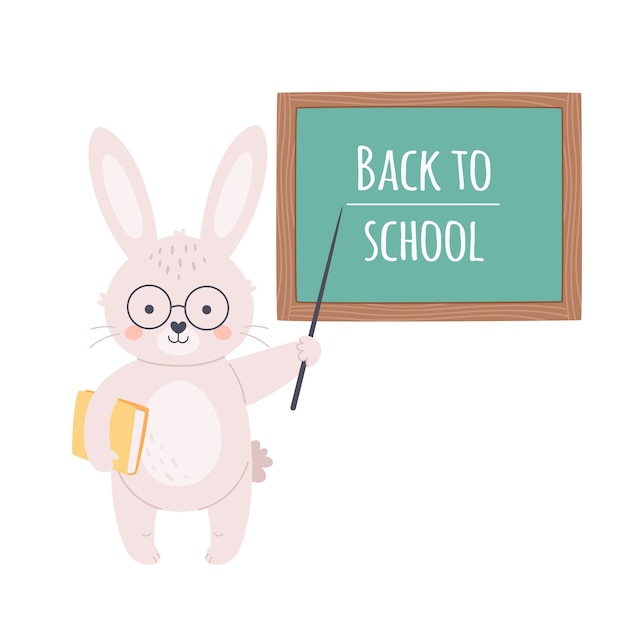 Cute rabbit teacher standing near school board. Back to school. Animals at school.