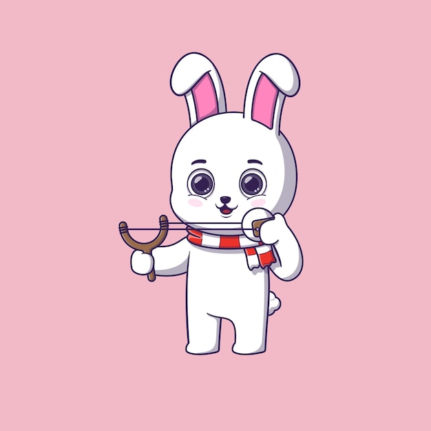 Cute rabbit throwing snowball with slingshot