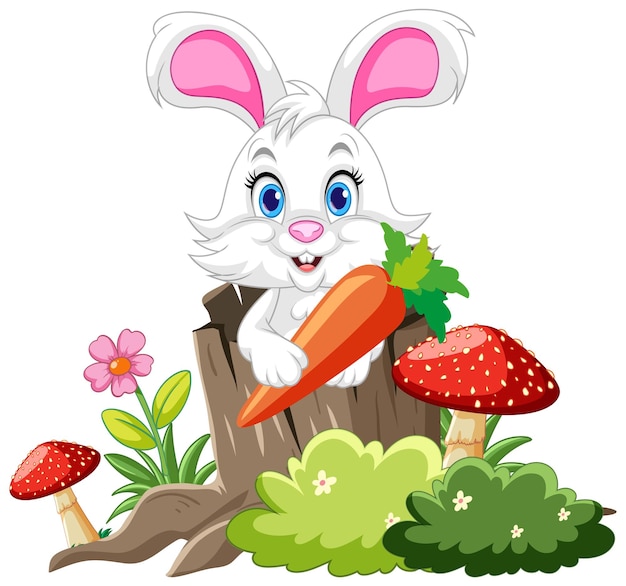 Vector cute rabbit in tree hole with carrot