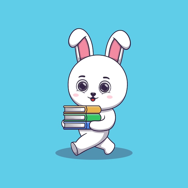 Cute rabbit walking and bring some books