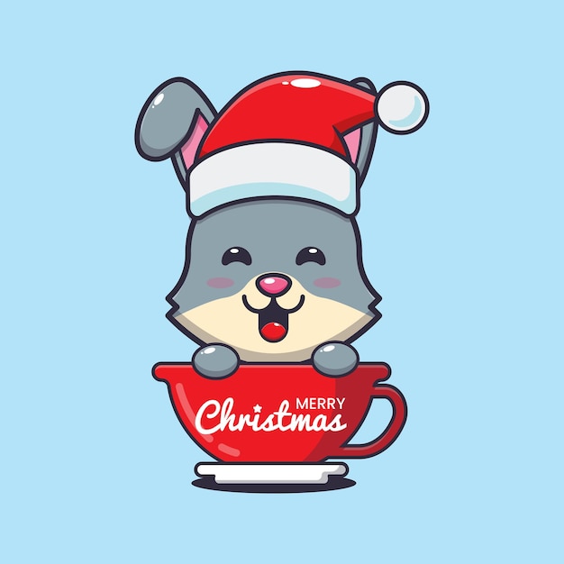 カップにサンタの帽子をかぶったかわいいウサギ。かわいいクリスマス漫画イラスト。