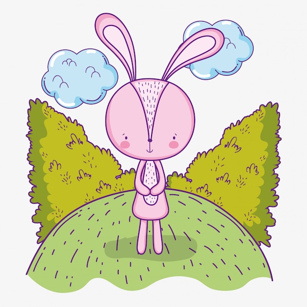 Vector cute rabbit wild animal with bushes and clouds