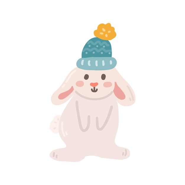 Cute rabbit in winter hat vector flat illustration on white background