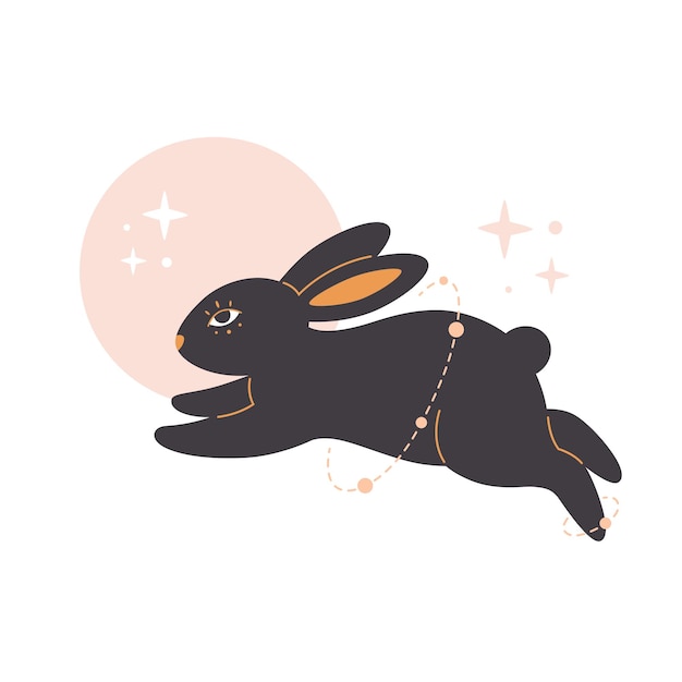 Симпатичный кролик с элементами астрологии. год кролика. векторная иллюстрация от руки