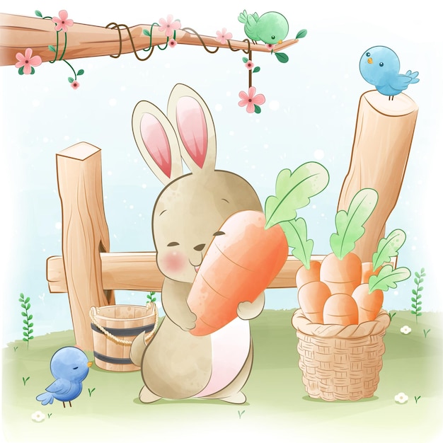 Милый кролик с большой морковной иллюстрацией