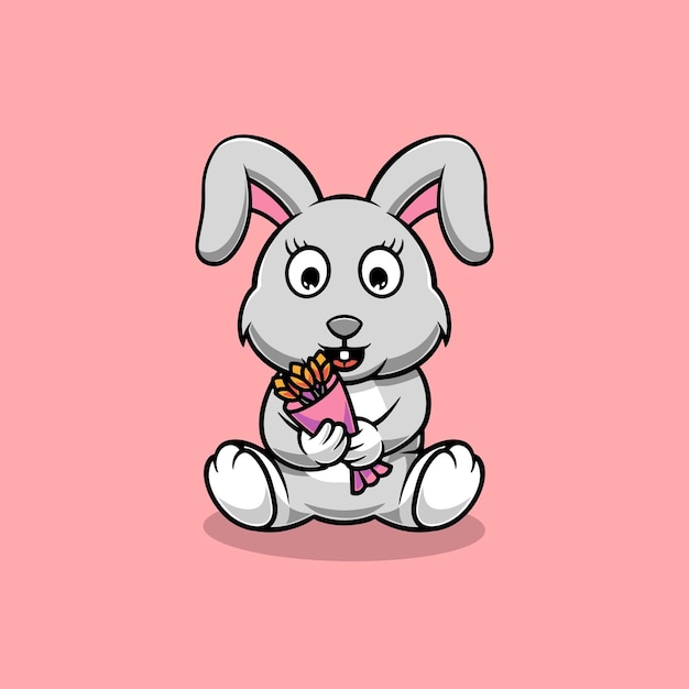 Cute rabbit with bouquet of flowers cartoon illustration