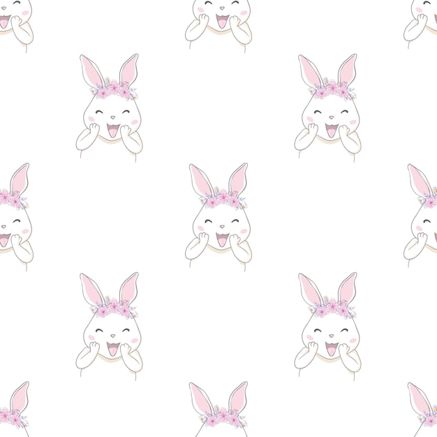 Cute Rabbit with bow sketch vector illustration pattern seamless