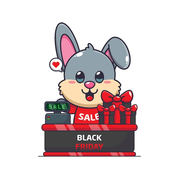 cute rabbit with cashier table in black friday sale cartoon vector illustration