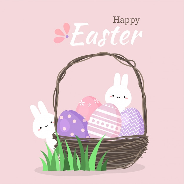 Vector cute rabbit with colorful easter eggs in basket.