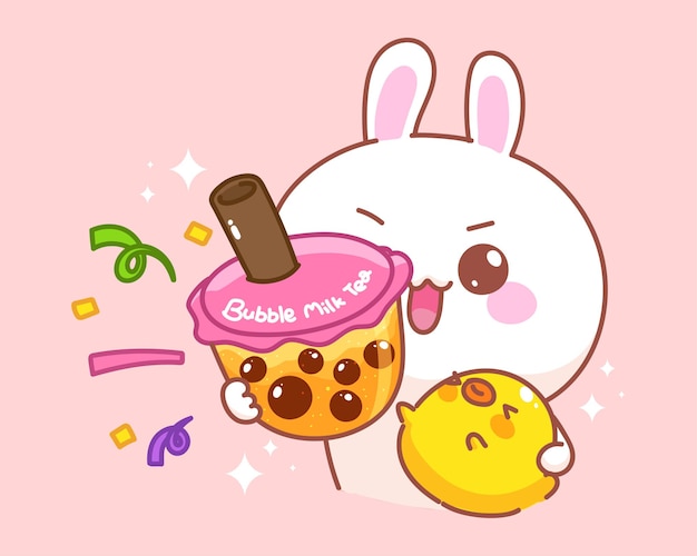 Cute rabbit with duck holding bubble milk tea cartoon illustration