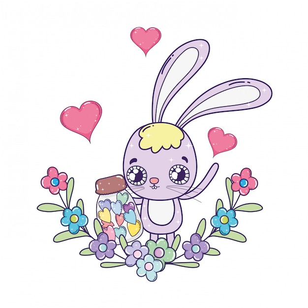 Vector cute rabbit with flowers boucket valentines day