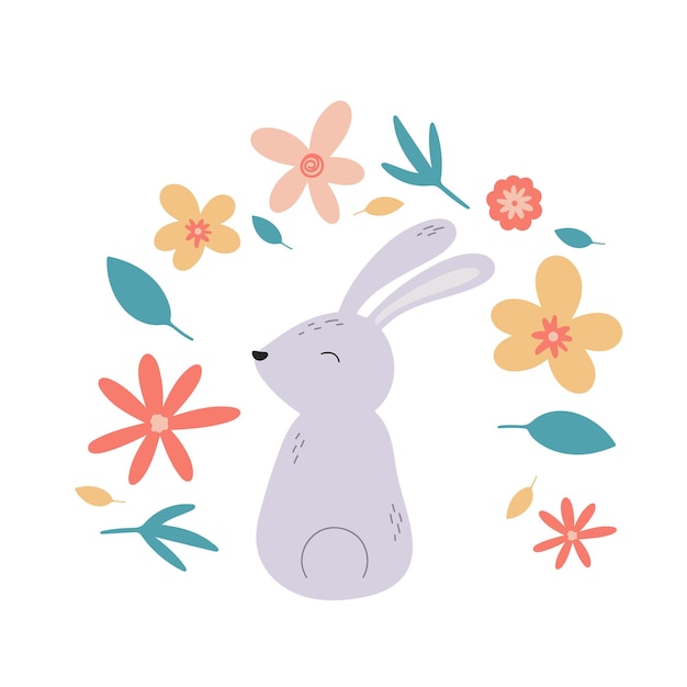 Cute rabbit with flowers and herbs baby composition bunny hand drawn hare view from back clipart