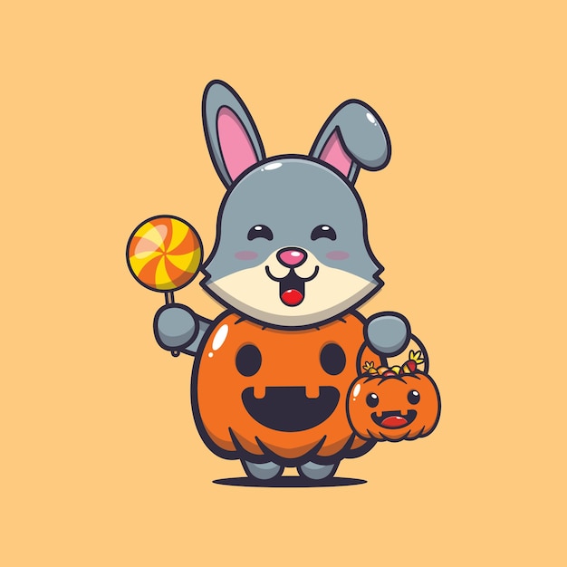 Vector cute rabbit with halloween pumpkin costume cute halloween cartoon illustration